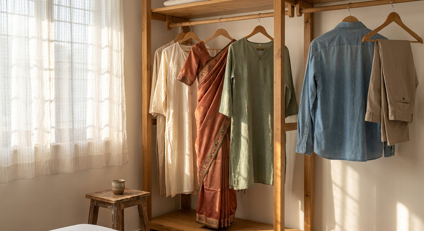 A sunlit wardrobe with handwoven ethnic garments in earthy tones pushed to the back while a western outfit is pulled forward, symbolizing the everyday disconnect between Indian women and their ethnic clothing.