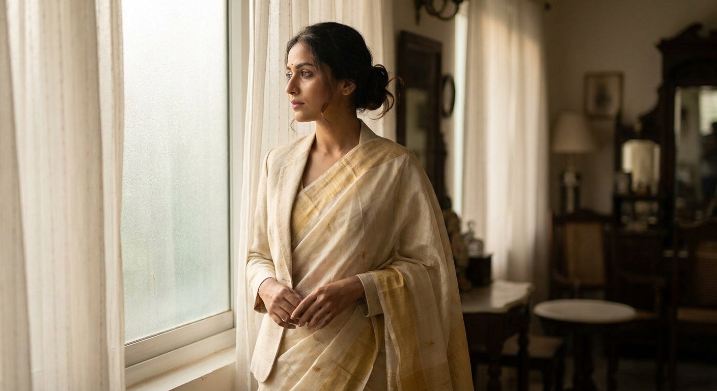 A South Asian woman in a textured ivory and gold ethnic outfit stands by a softly lit window, exuding calm, effortless elegance.