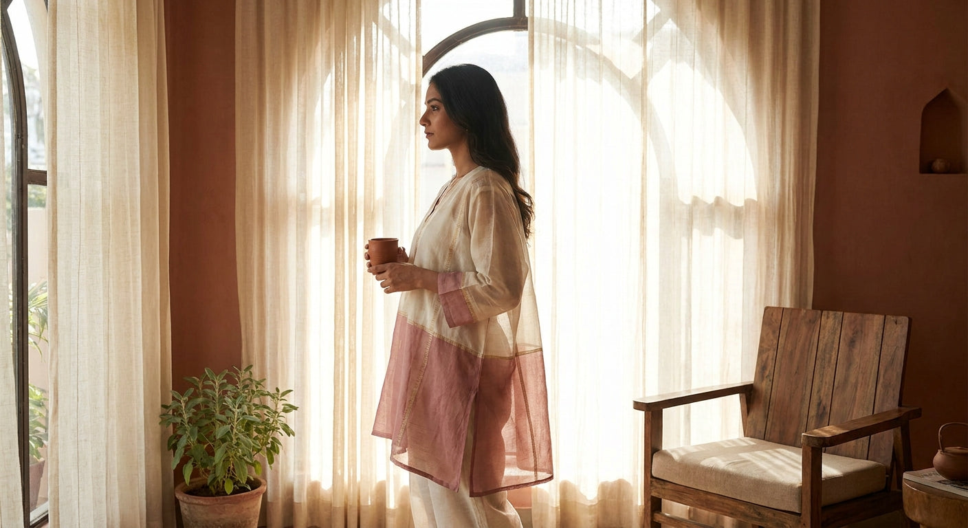 A woman dressed in an elegant handwoven Chanderi ethnic co-ord set stands by a sunlit window in a warm, minimal interior setting.