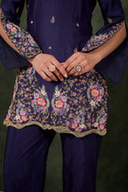 De Lara Indigo Chanderi Kurta With Silk Pant