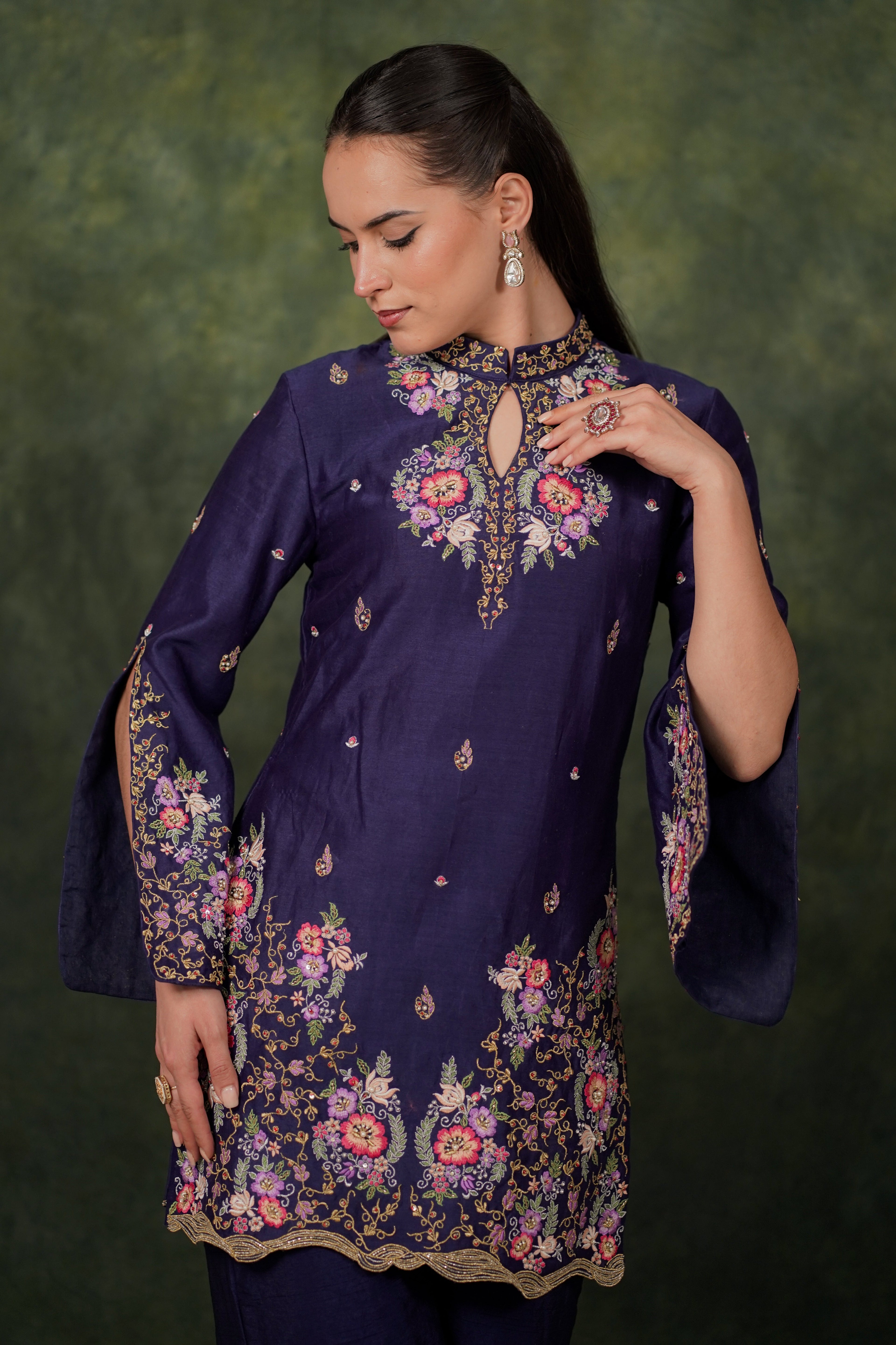 De Lara Indigo Chanderi Kurta With Silk Pant