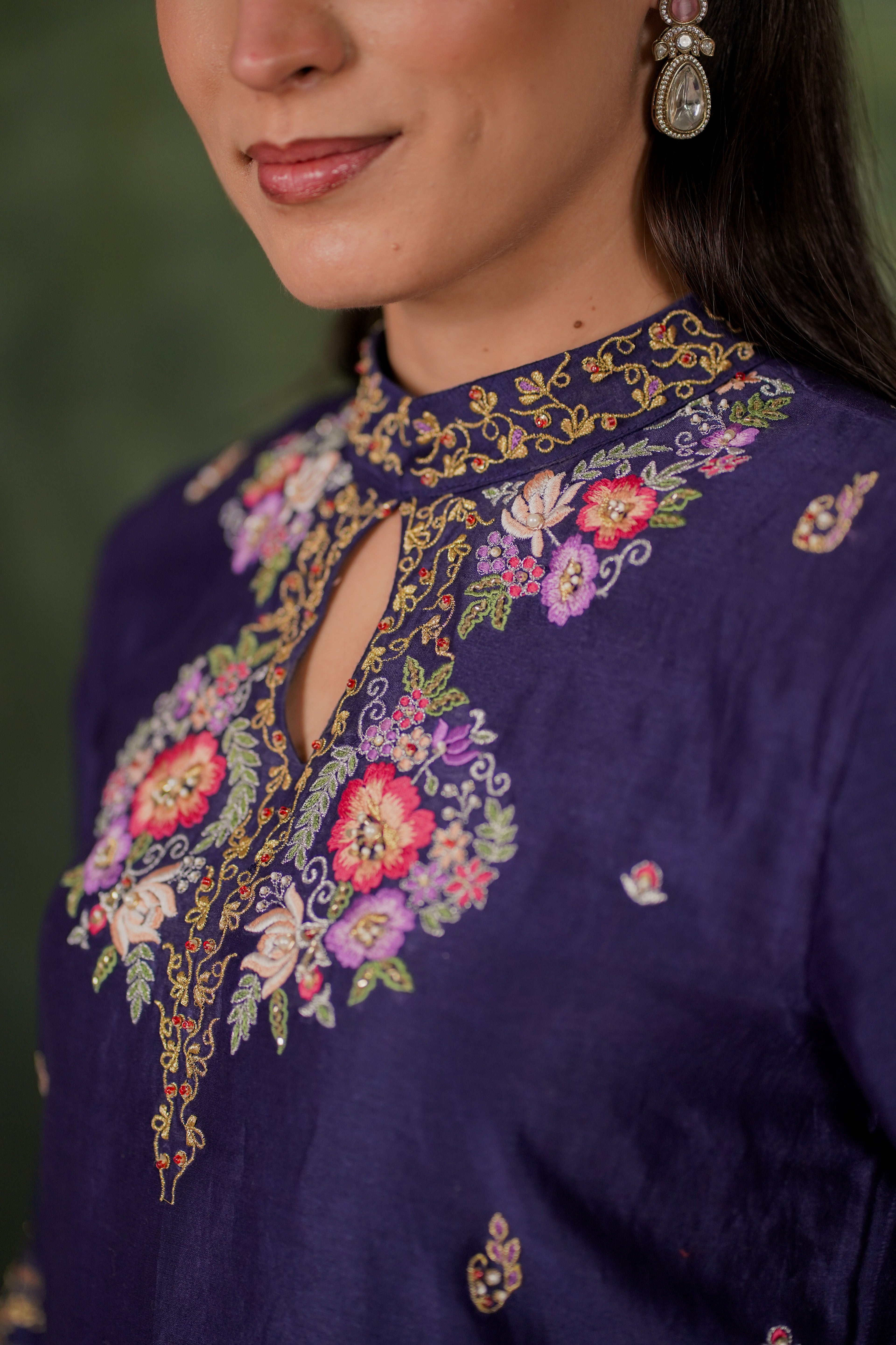De Lara Indigo Chanderi Kurta With Silk Pant