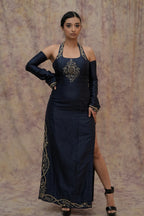 Vestido fusión de seda Chanderi azul espacial Shirin