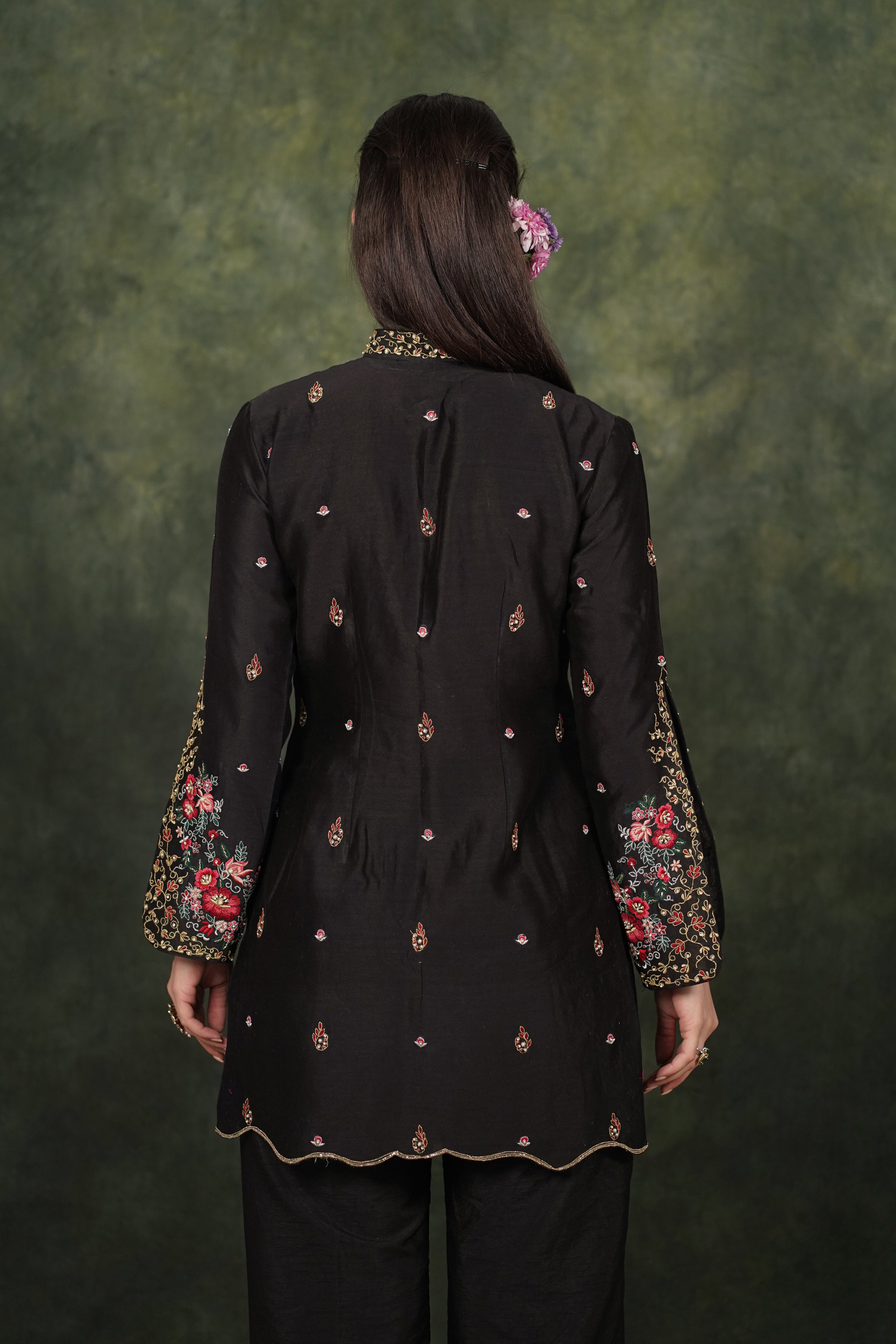De Lara Black Chanderi Kurta With Silk Pant