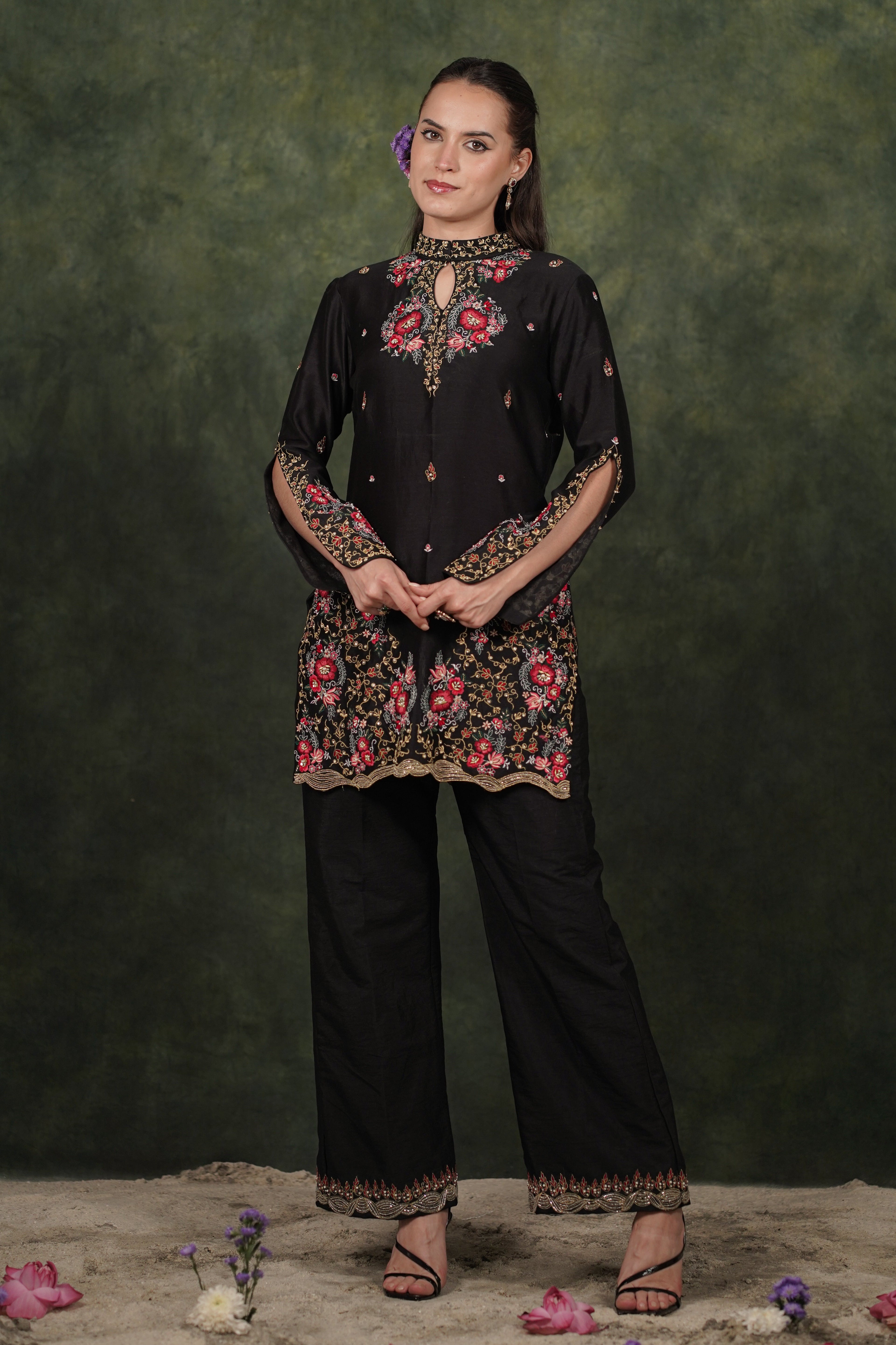 De Lara Black Chanderi Kurta With Silk Pant