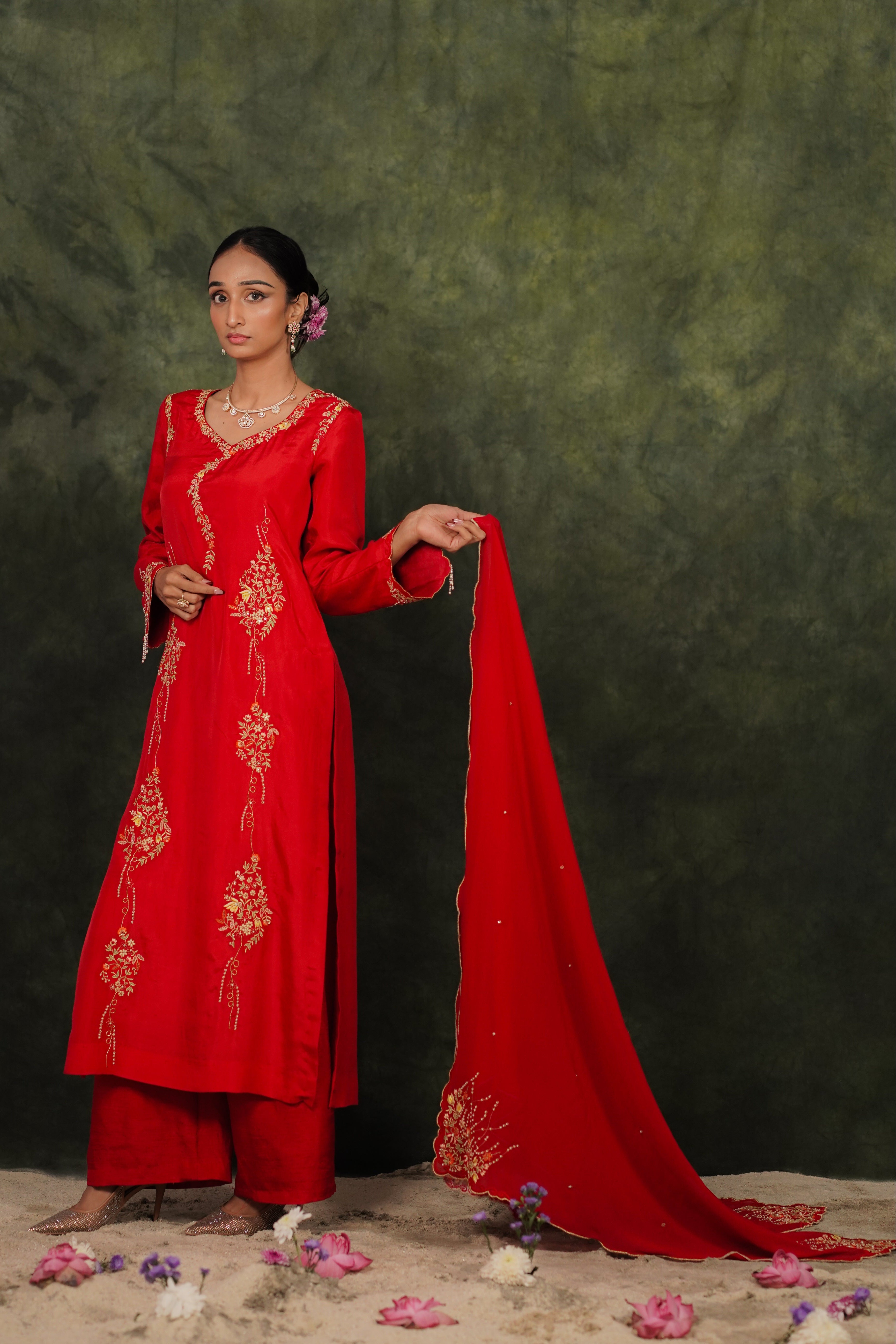 Seher Ruby Red Habutai Silk Kurta Set