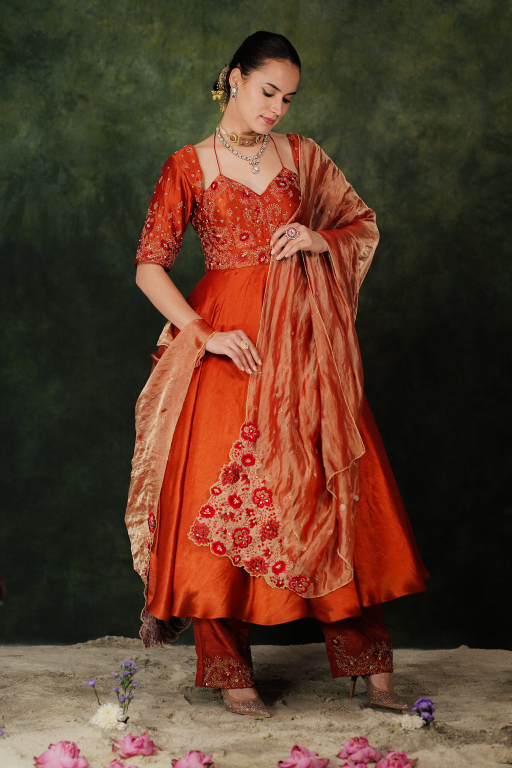 Falak Anarkali Chilli Oil Dupion Silk Set