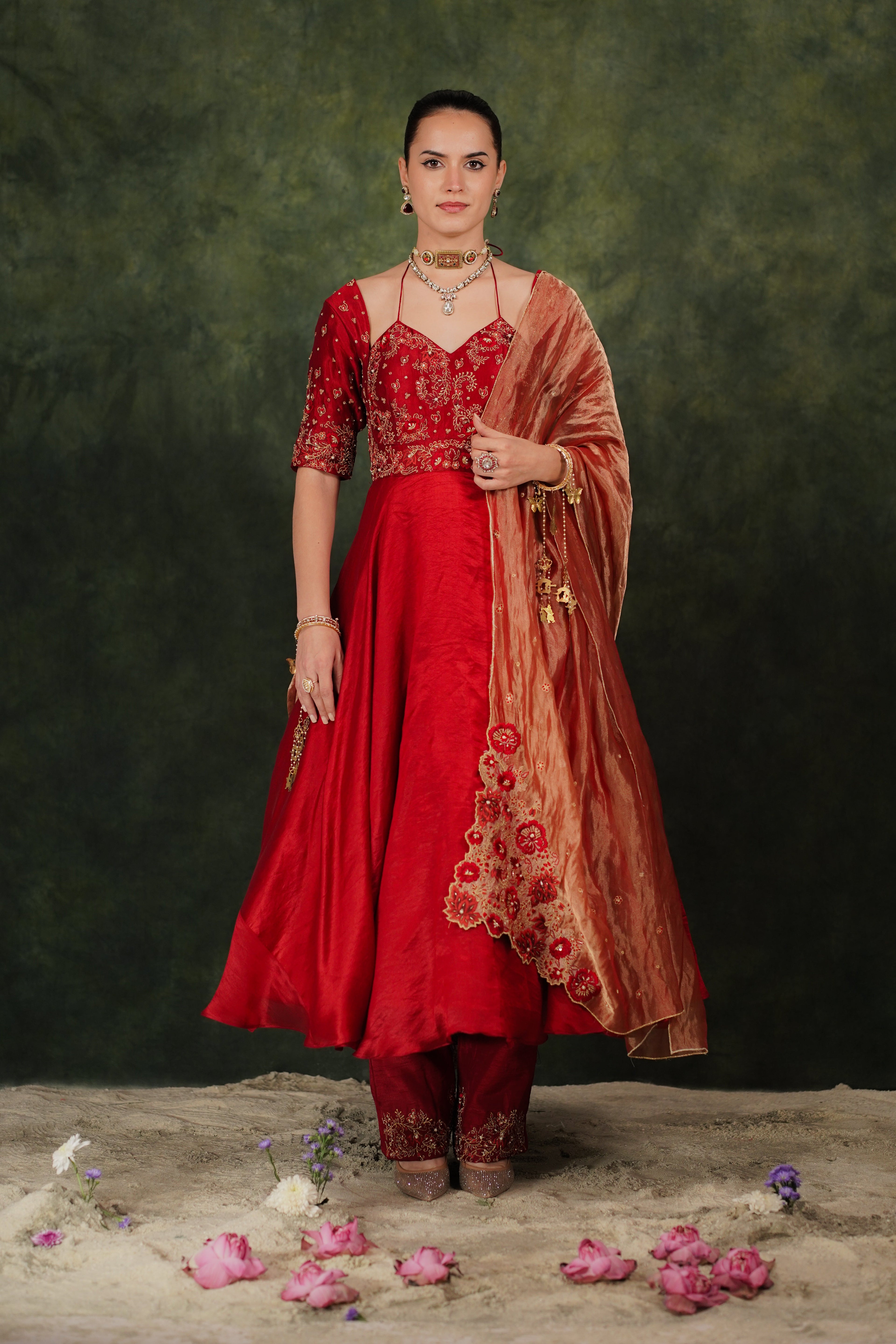 Falak Anarkali Inferno Red Dupion Silk Set