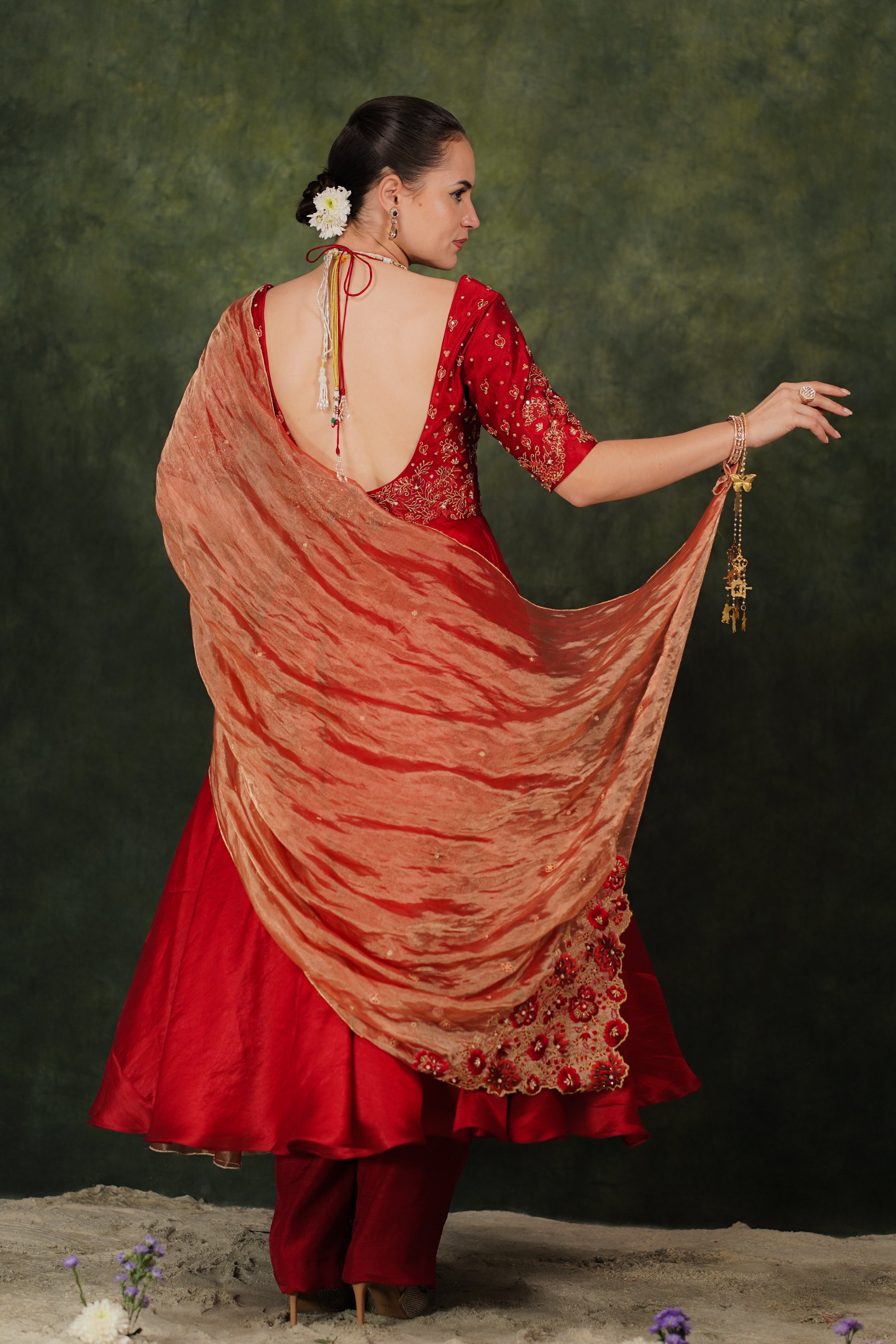 Falak Anarkali Inferno Red Dupion Silk Set