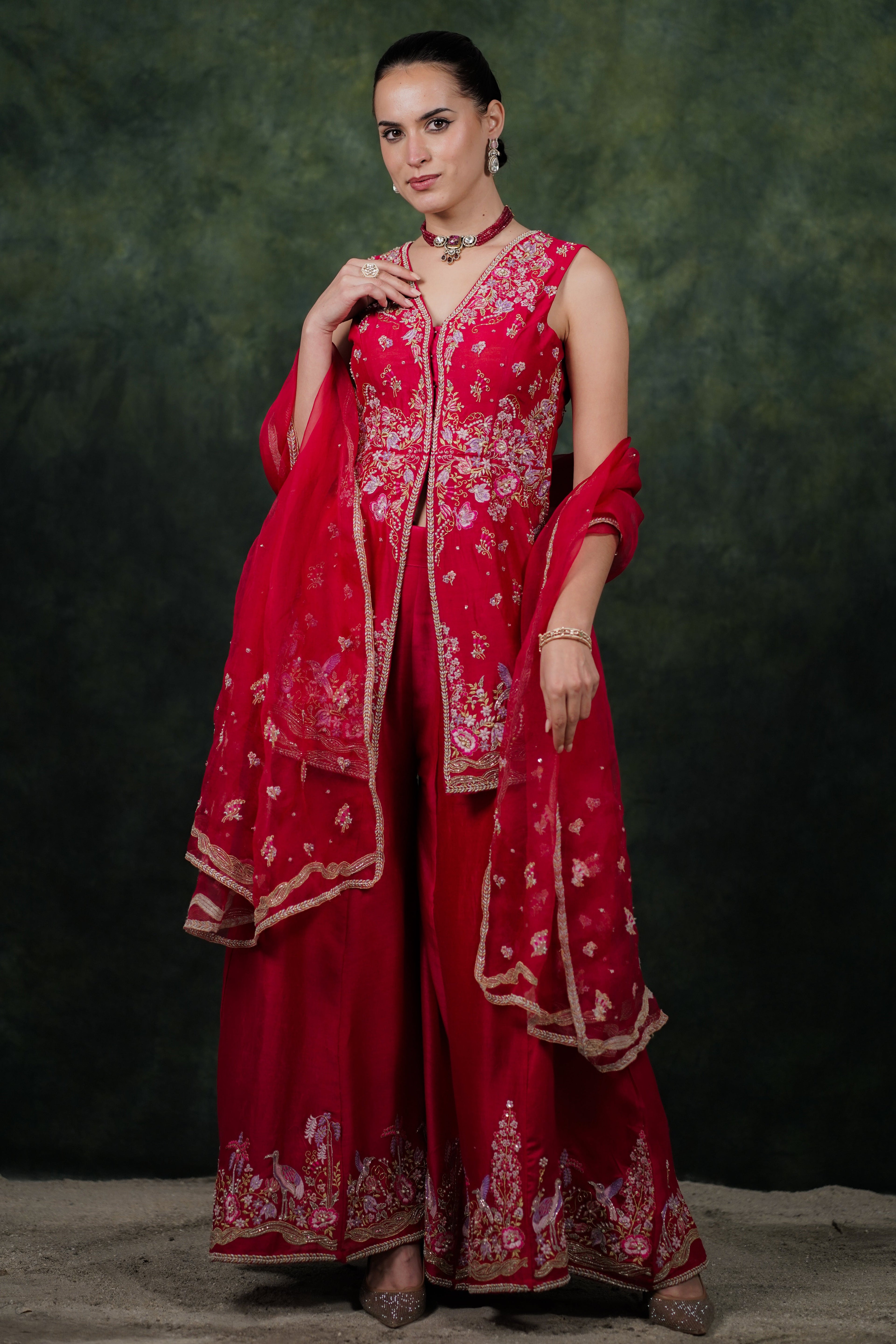 Shagufta Raspberry Pink Chanderi Silk Sharara Set
