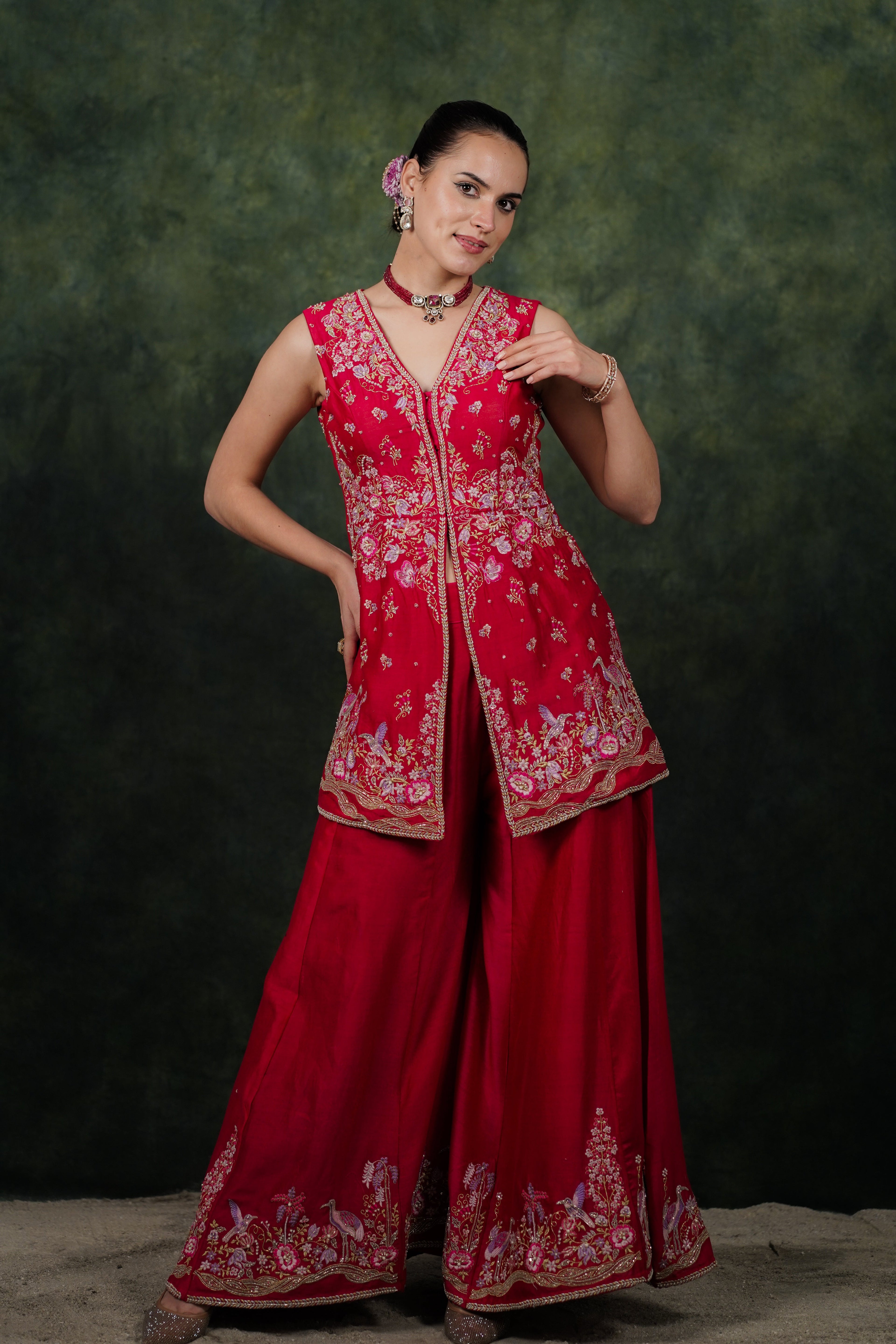 Shagufta Raspberry Pink Chanderi Silk Sharara Set