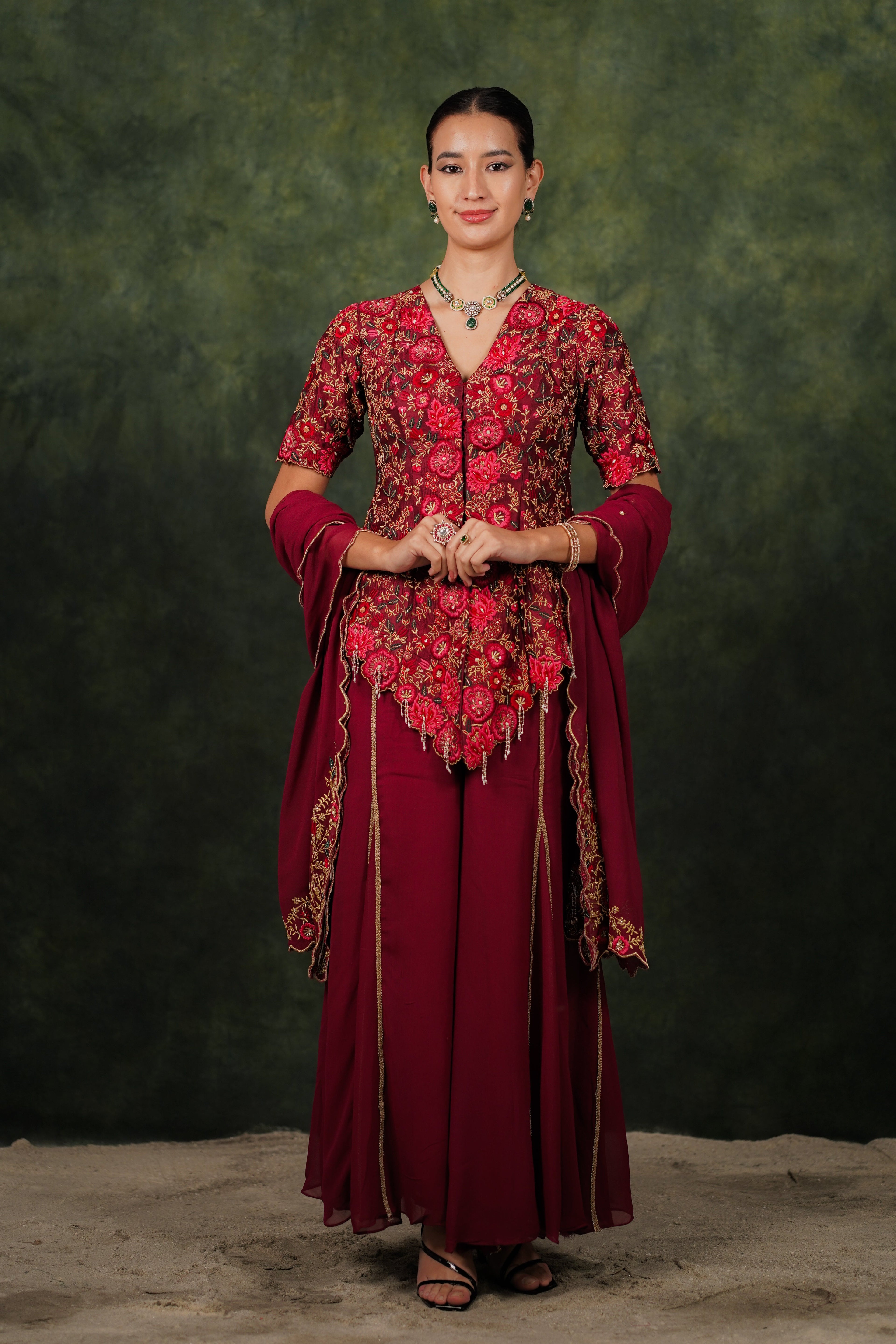 Fariba Red Wine Dupion Silk Sharara Set