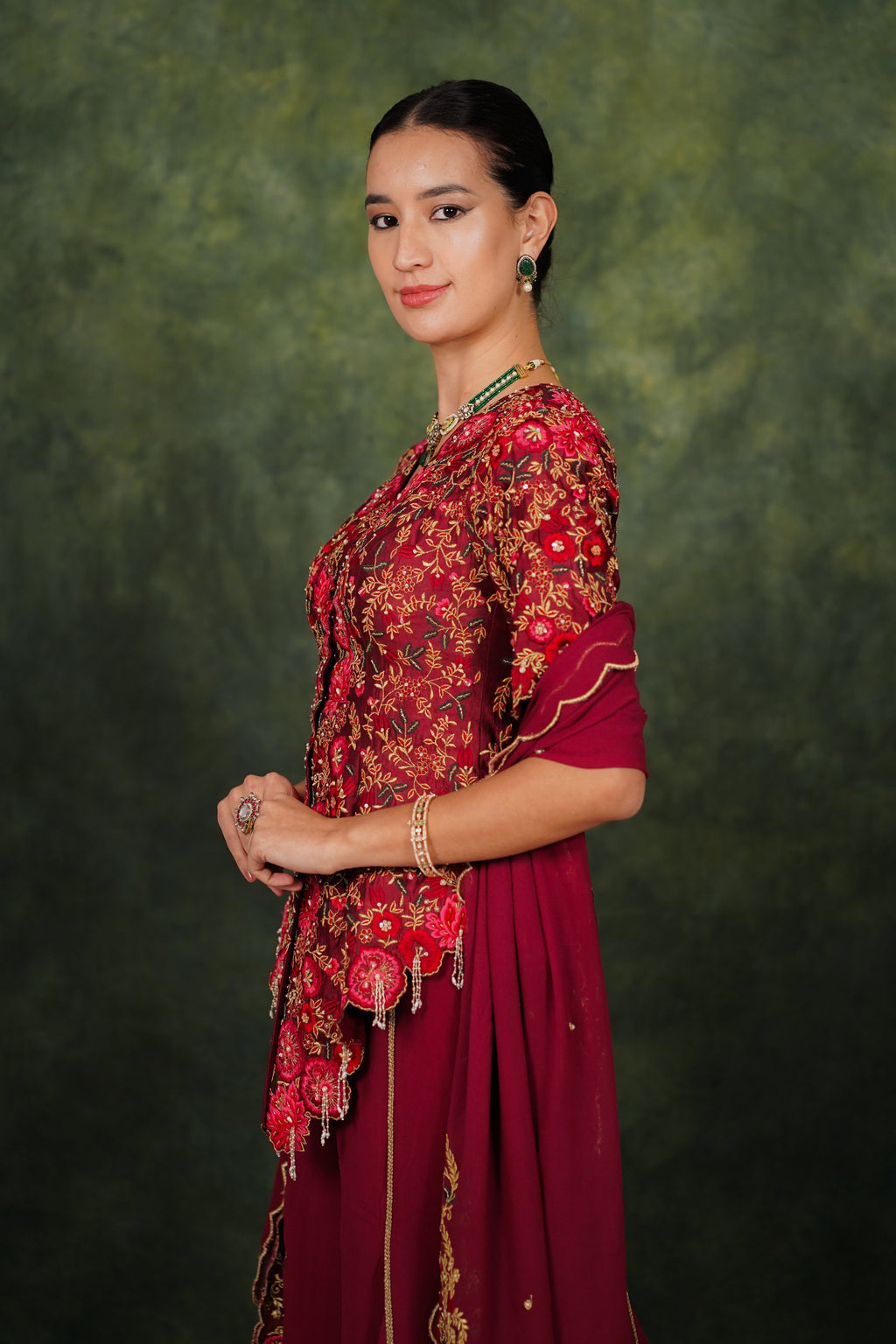 Fariba Red Wine Dupion Silk Sharara Set