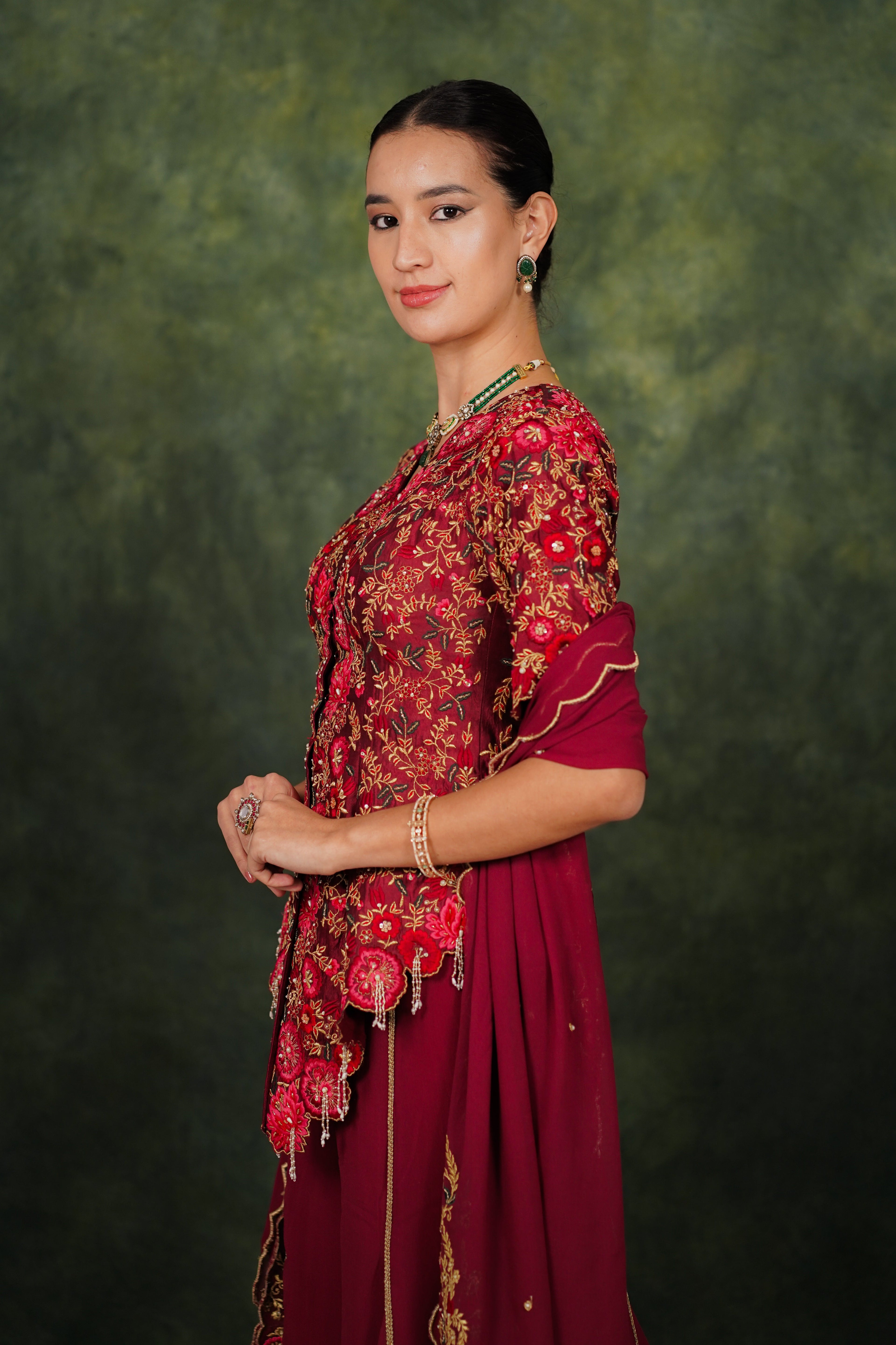 Fariba Red Wine Dupion Silk Sharara Set