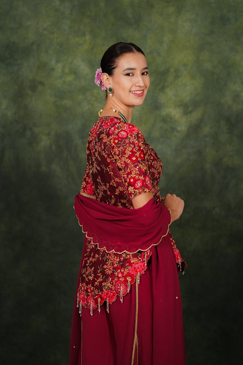 Fariba Red Wine Dupion Silk Sharara Set