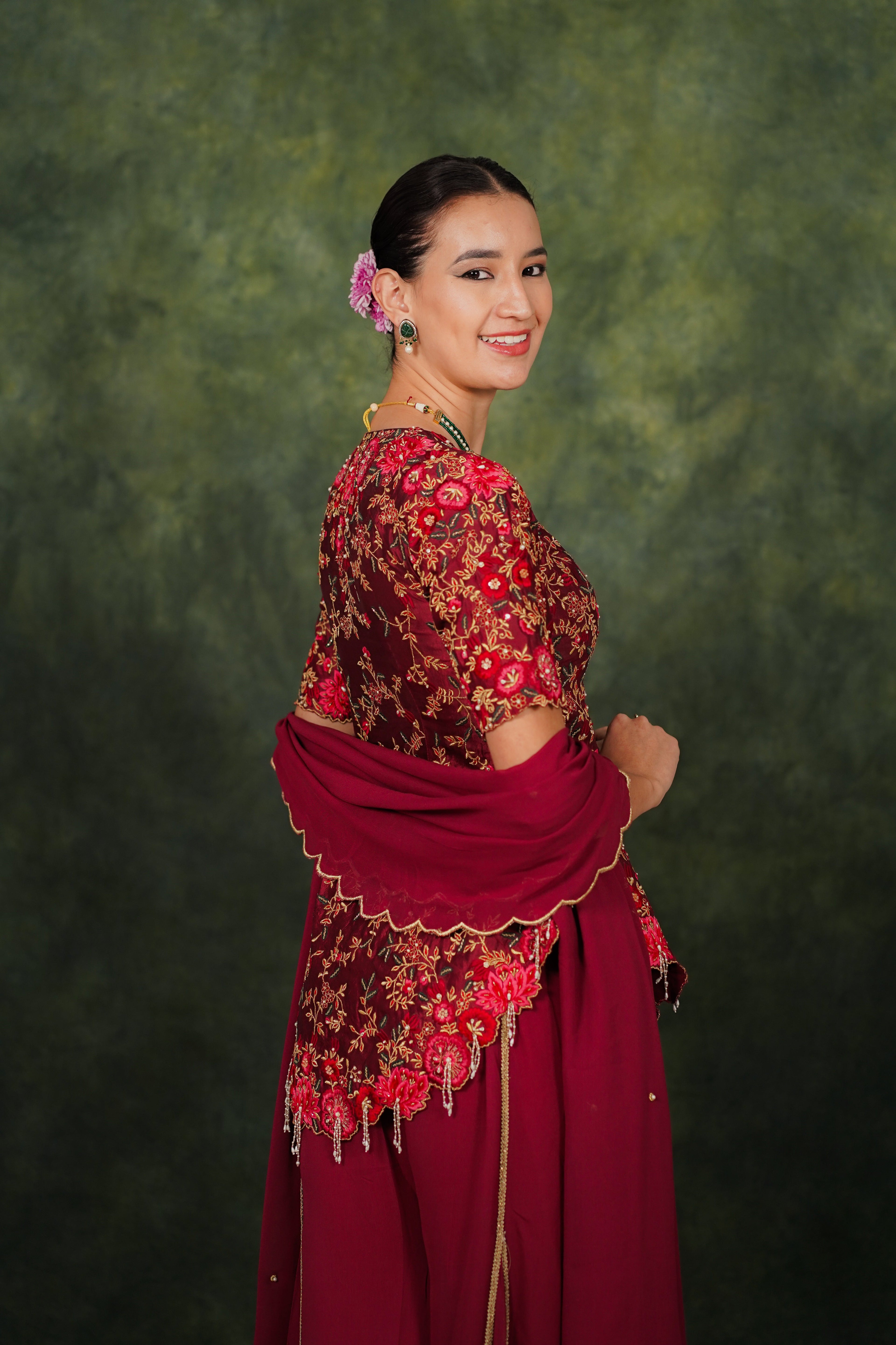 Fariba Red Wine Dupion Silk Sharara Set