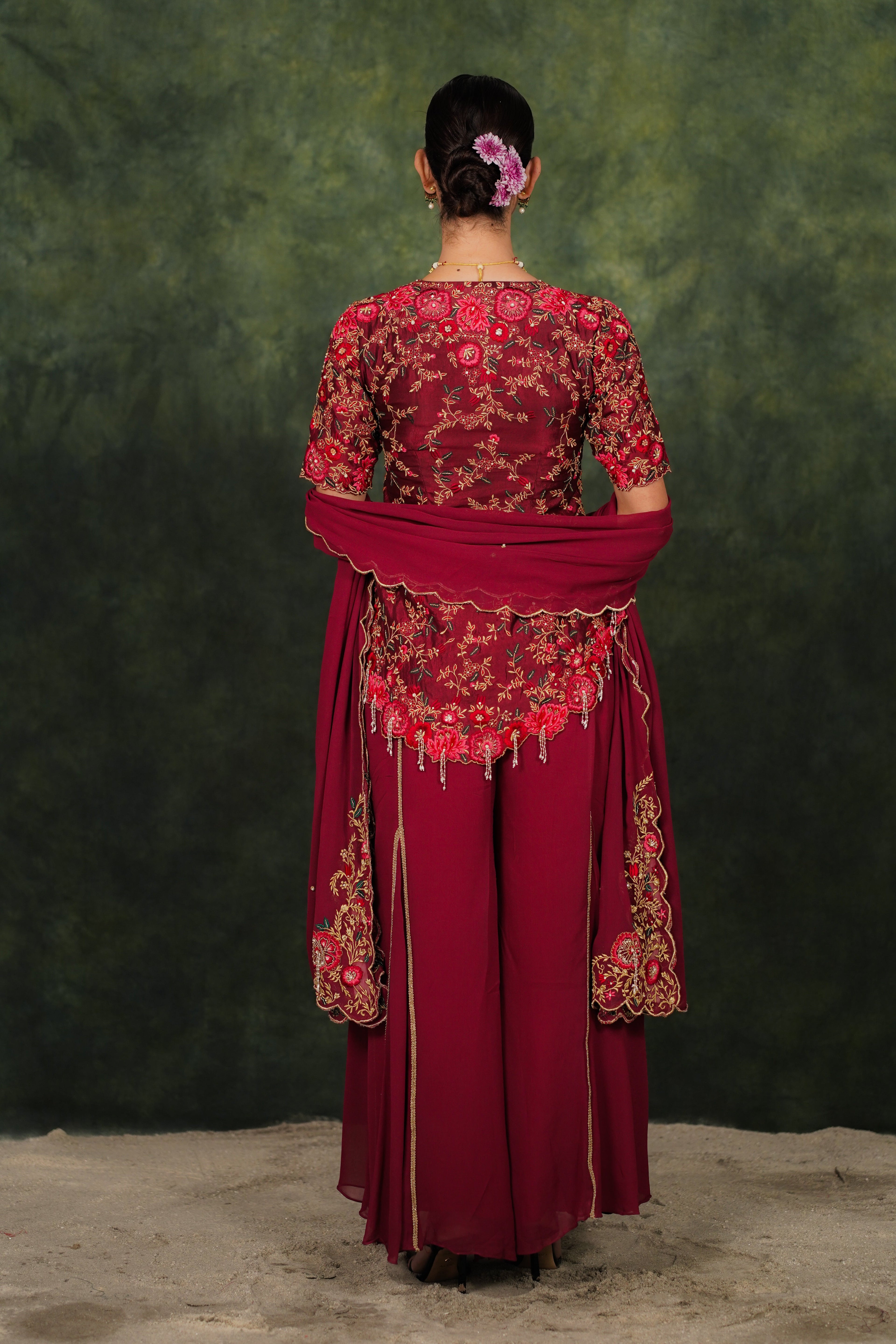 Fariba Red Wine Dupion Silk Sharara Set