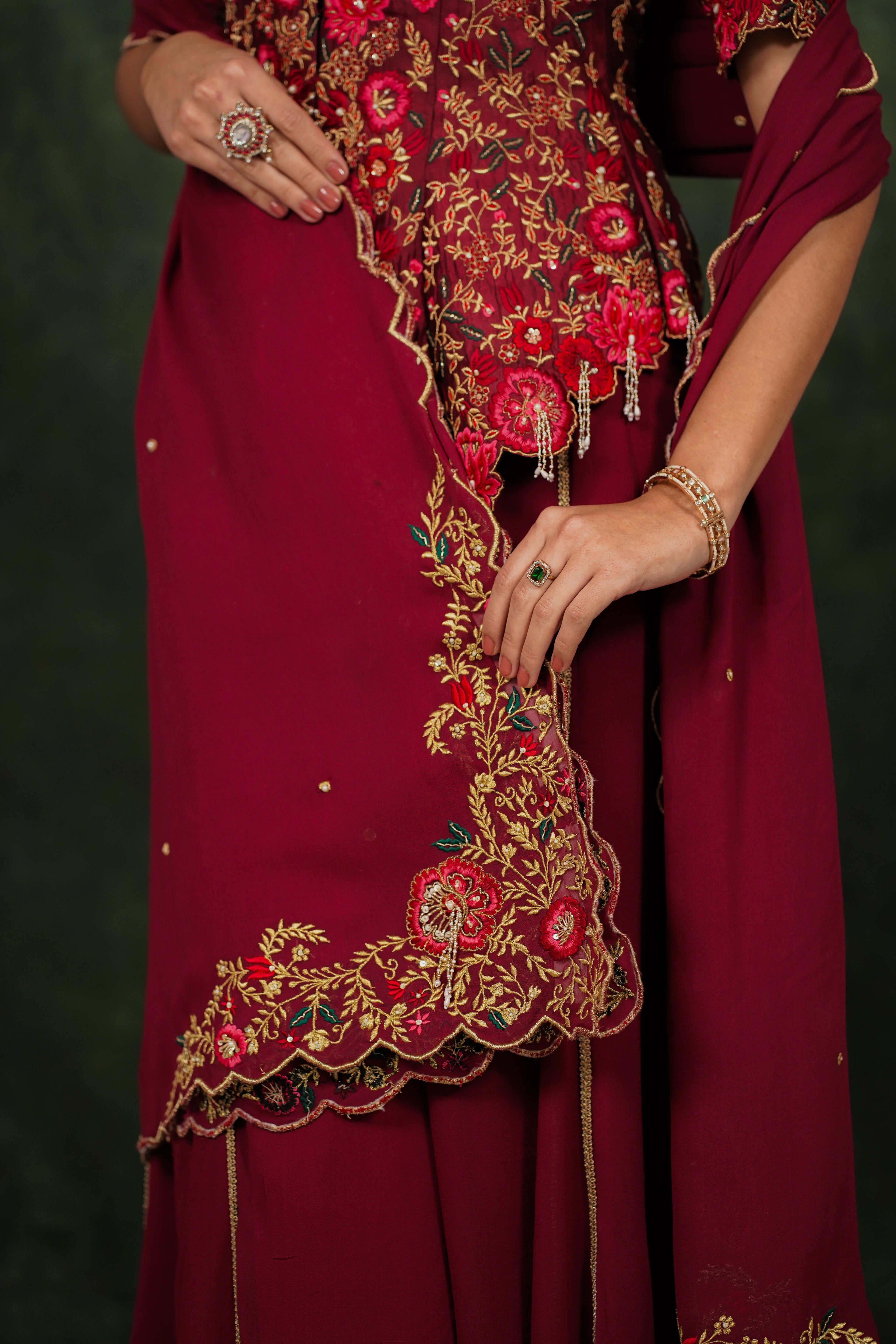 Fariba Red Wine Dupion Silk Sharara Set
