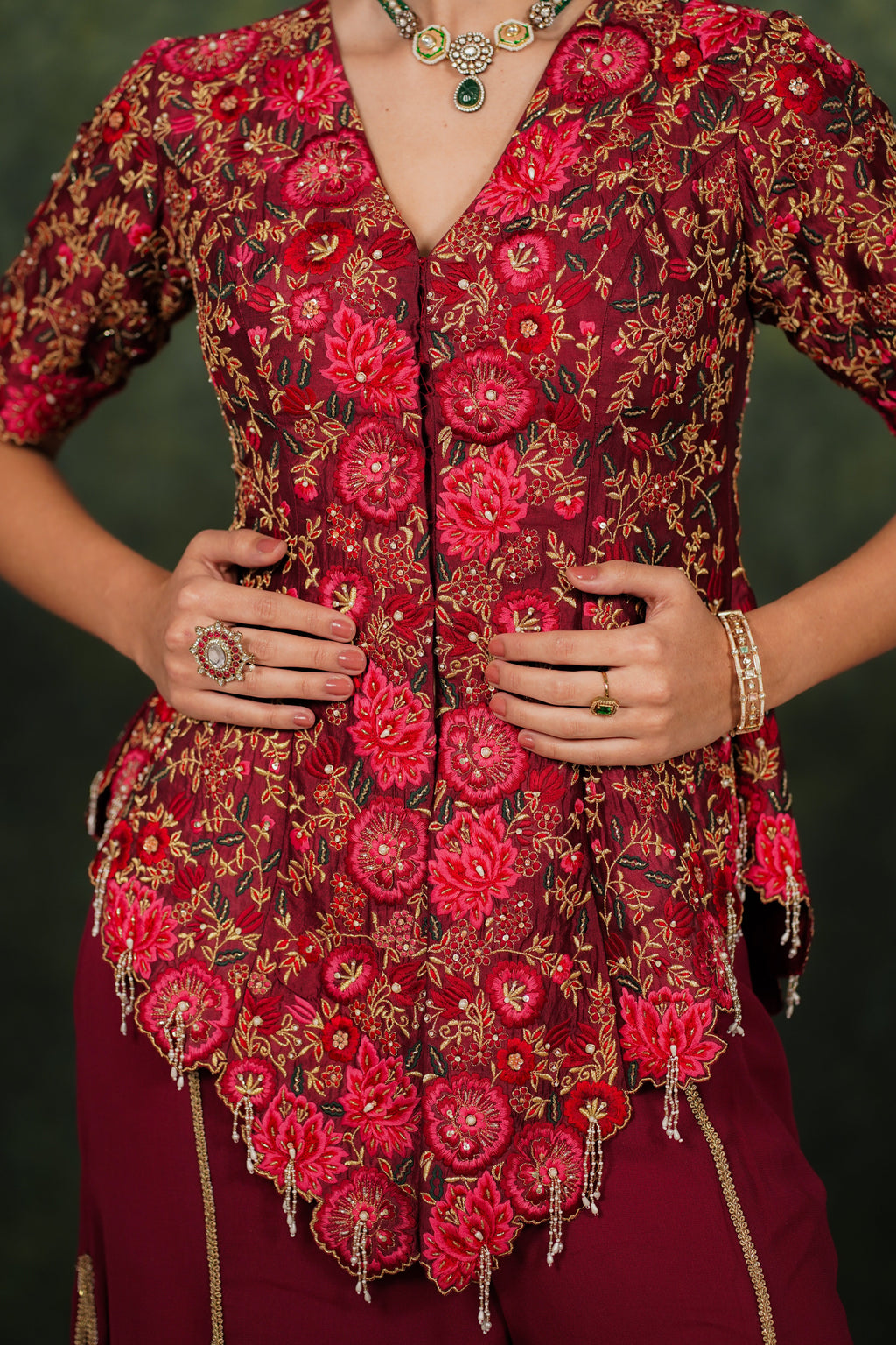 Fariba Red Wine Dupion Silk Sharara Set