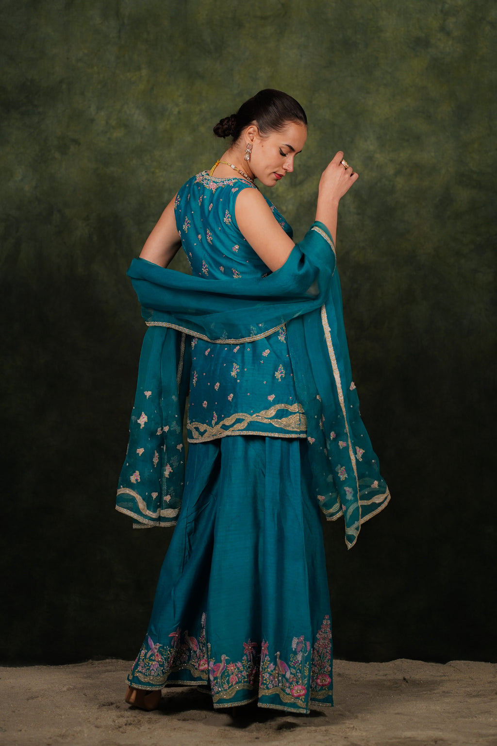Shagufta Turquoise Chanderi Silk Sharara Set