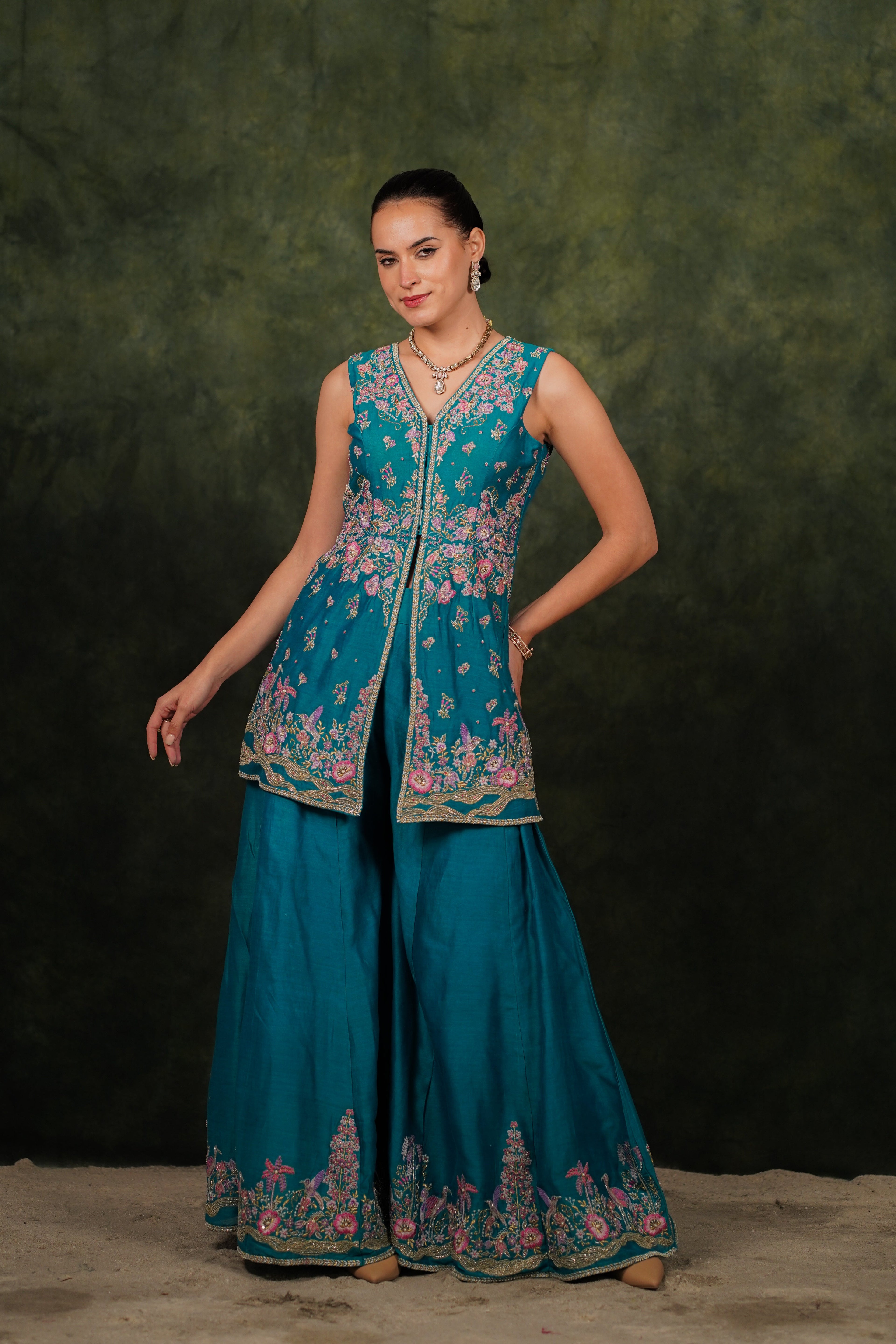 Shagufta Turquoise Chanderi Silk Sharara Set