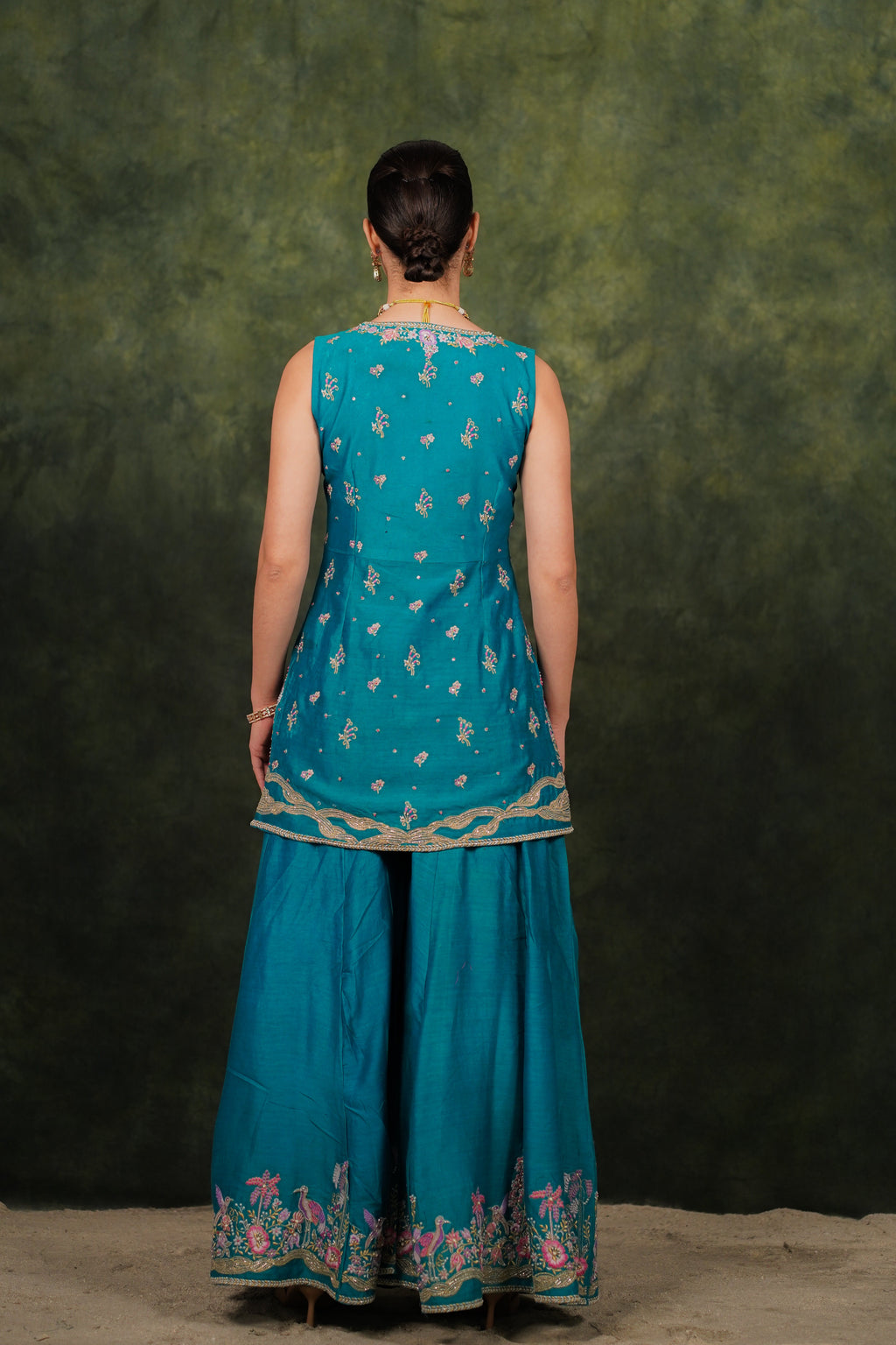 Shagufta Turquoise Chanderi Silk Sharara Set