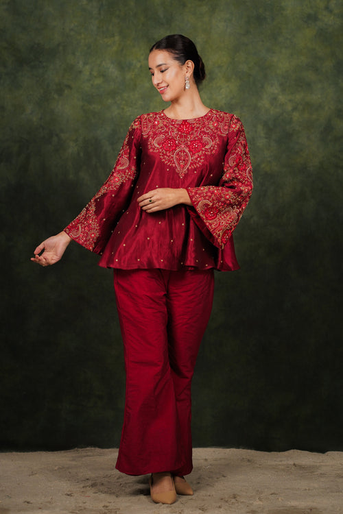 Mehr Red Wine Dupion Silk Co-ord Set by Nuce Loom