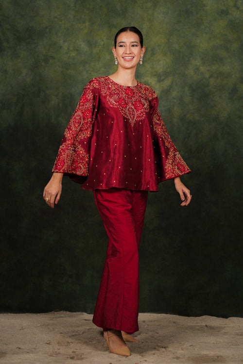 Mehr Red Wine Dupion Silk Co-ord Set by Nuce Loom