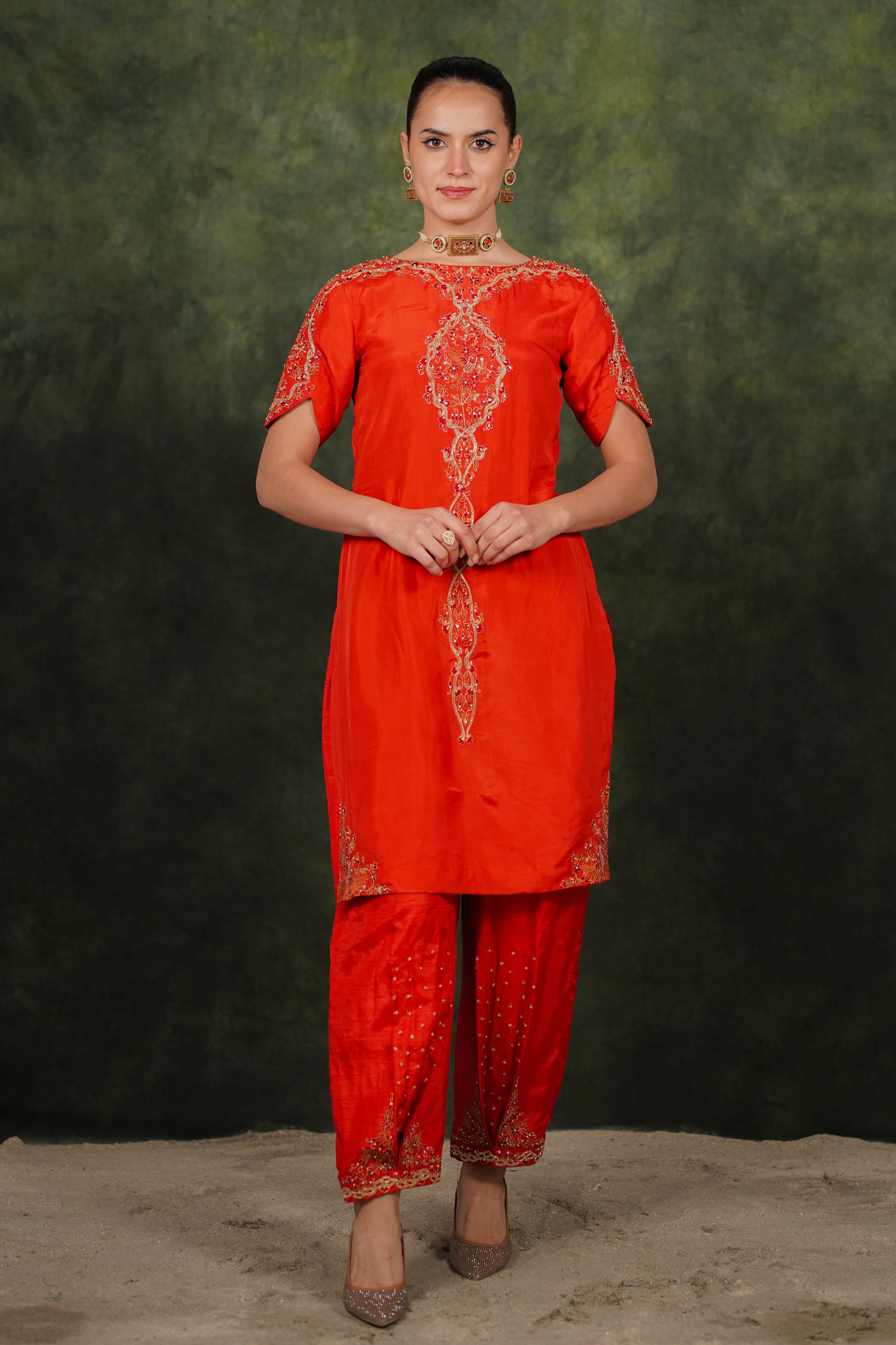 Arina Burnt Orange Habutai Silk Kurta Set