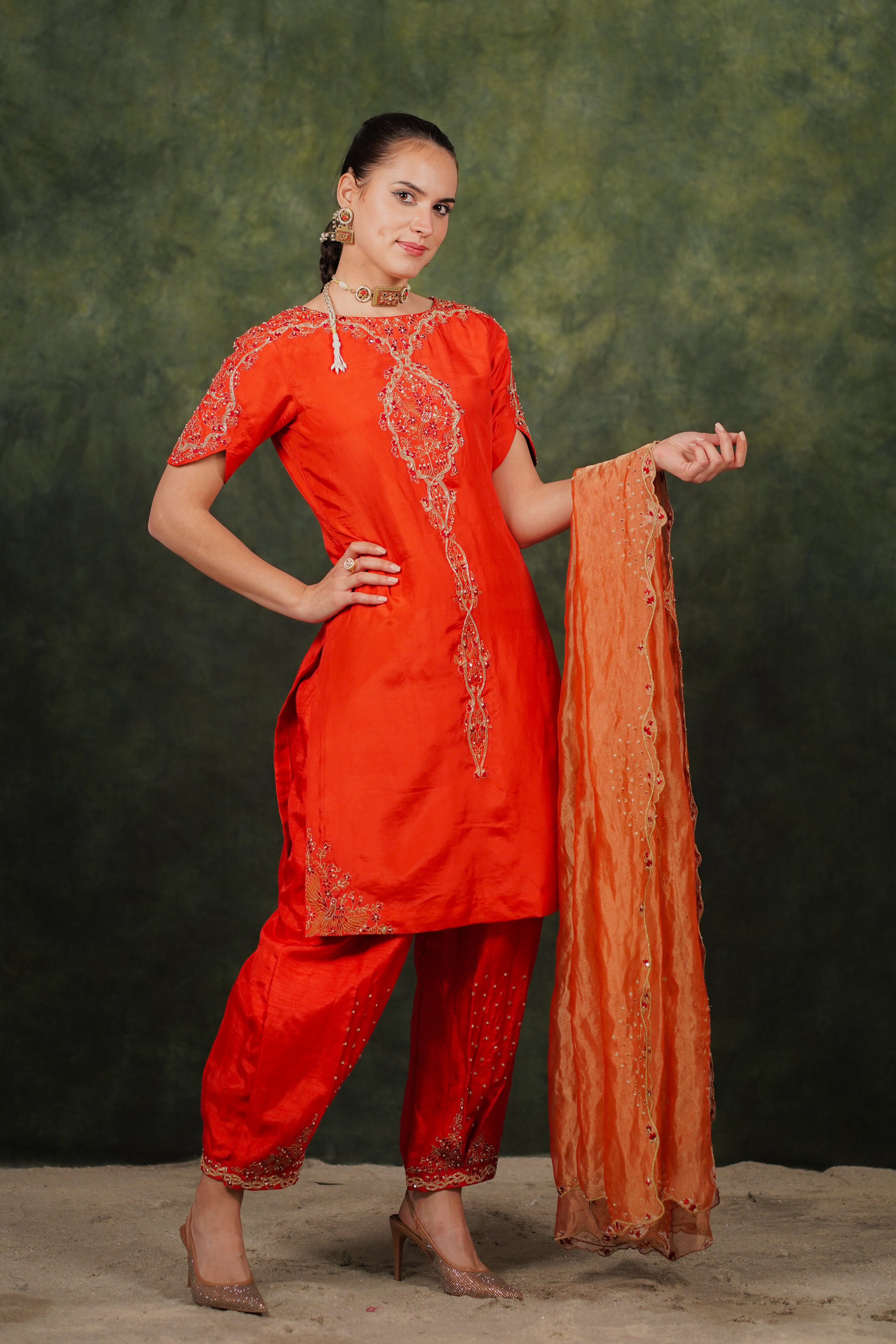 Arina Burnt Orange Habutai Silk Kurta Set