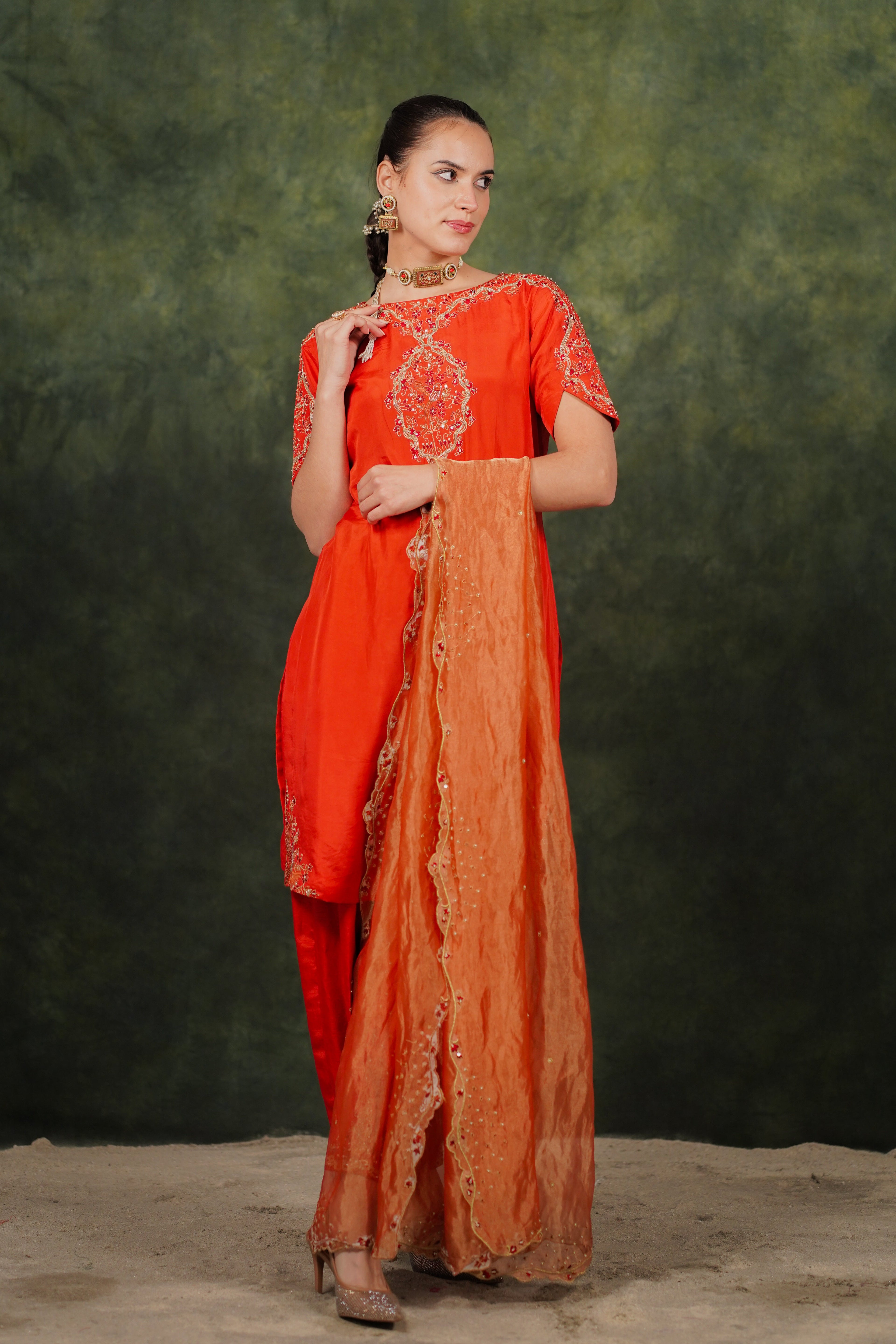 Arina Burnt Orange Habutai Silk Kurta Set