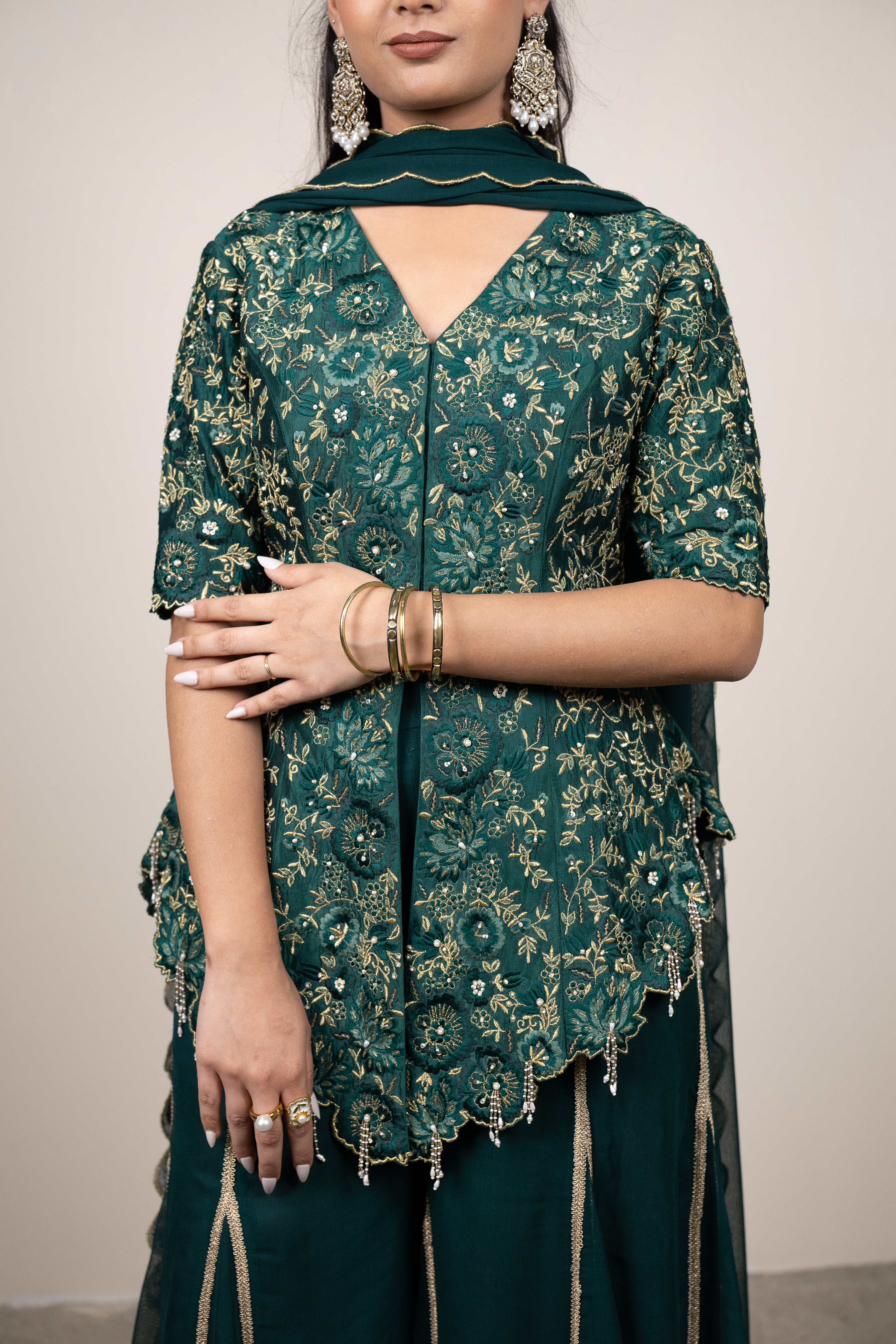 Fariba Viridian Dupion Silk Sharara Set